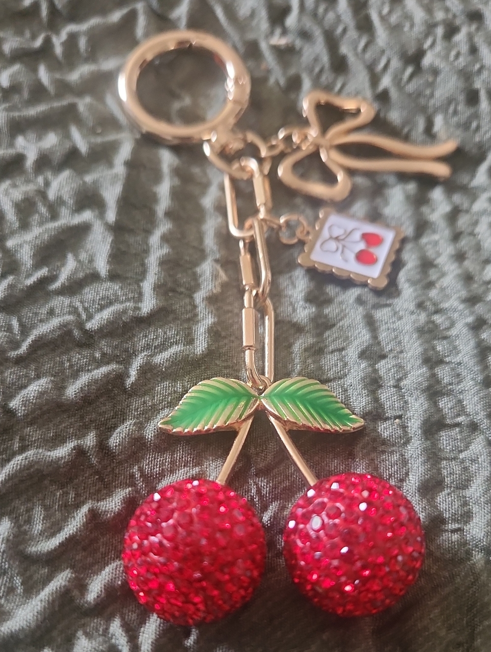Gold Cherry Keychain with Red Crystal Cherries and Green Enamel Leaves
